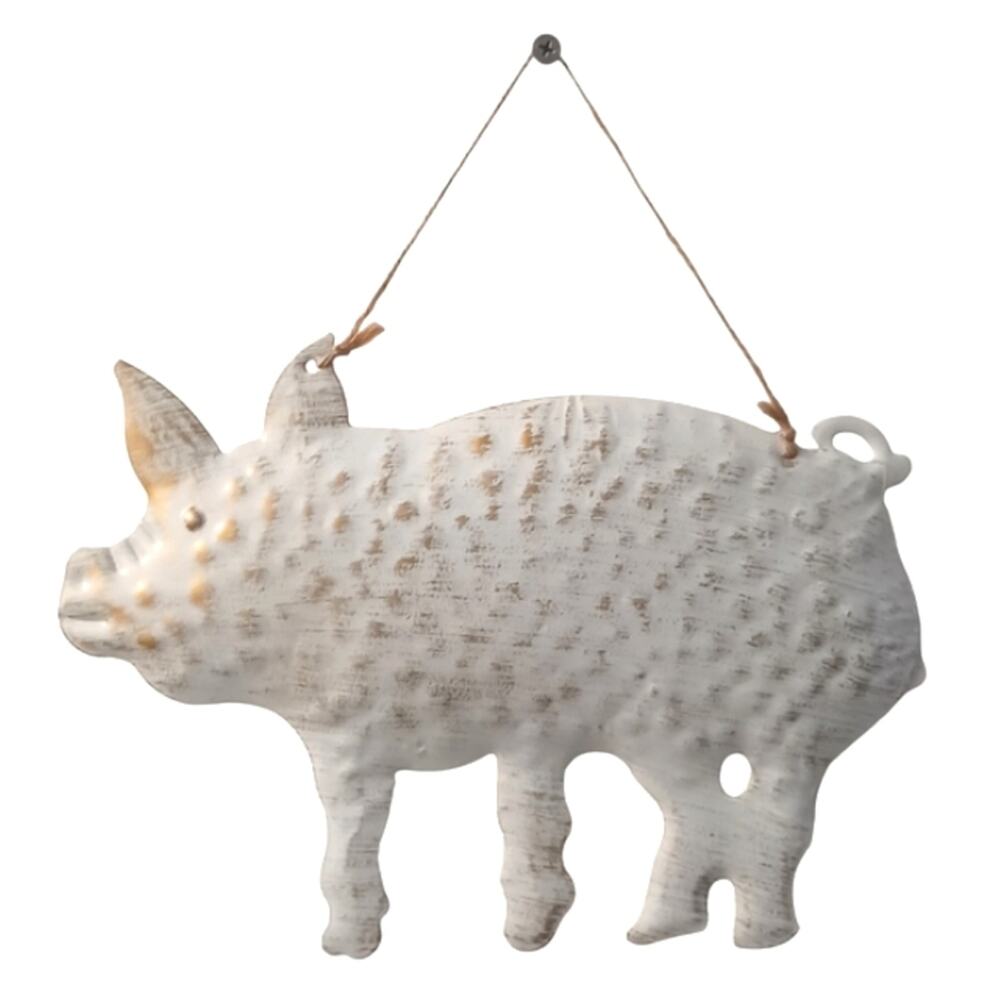 Country Pig Wall Hanging Decor WHITE GOLD Metal Farmhouse Cottagecore Grannycore